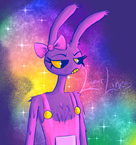 Fanart for the Amazing Digital Circus. Drawing of Jax from the Amazing Digital Circus on top of a rainbow background with galaxy like sparkles. She has eyelashes and a bow on her ear added to her default outfit