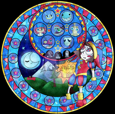 Fanart for the Amazing Digital Circus. A stained glass platform based off of the ones from Kingdom Hearts. Pomni hangs off of one of the circles, which contains portraits of the main cast, with the abstracted ones in black and white on the bottom. The back