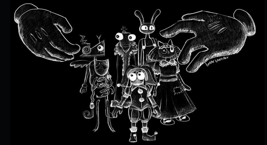 black and white digital pencil drawing with pencil style of the tadc characters with caine's giant hands looming over them. Inspired by Caines song in Tadc episode 8.