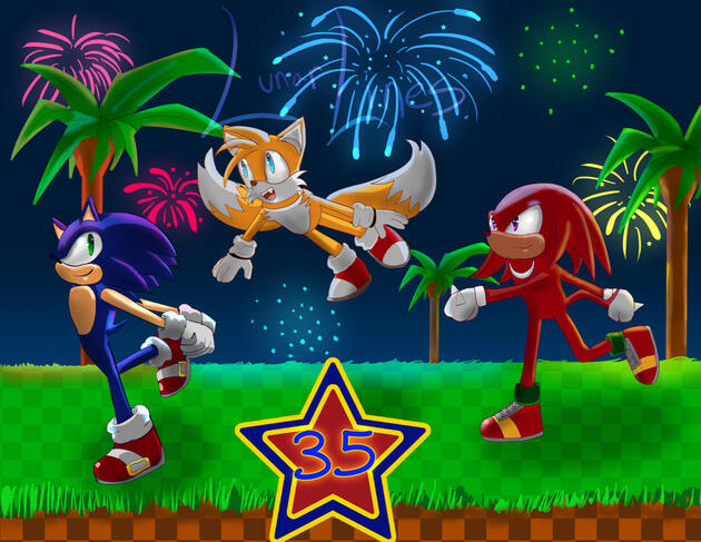 Fanart for Sonic the Hedgehog. Drawing of Sonic, Tails, and Knuckles running through Green Hill Zone with colorful fireworks in the night sky. There is a red, blue, and yellow start shape in the middle with "35" written on it.