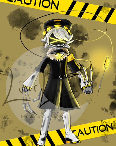 Murder Drones fanart of Serial Designation N. He is in "murder mode" with a big smile in his face covered in oil, curling his claws menacingly. His tail slinks in the background. The background has oil splatters with "caution" banners at the top and bottom